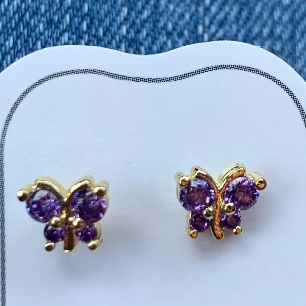 14k gold plated Purple Butterfly CZ Earrings